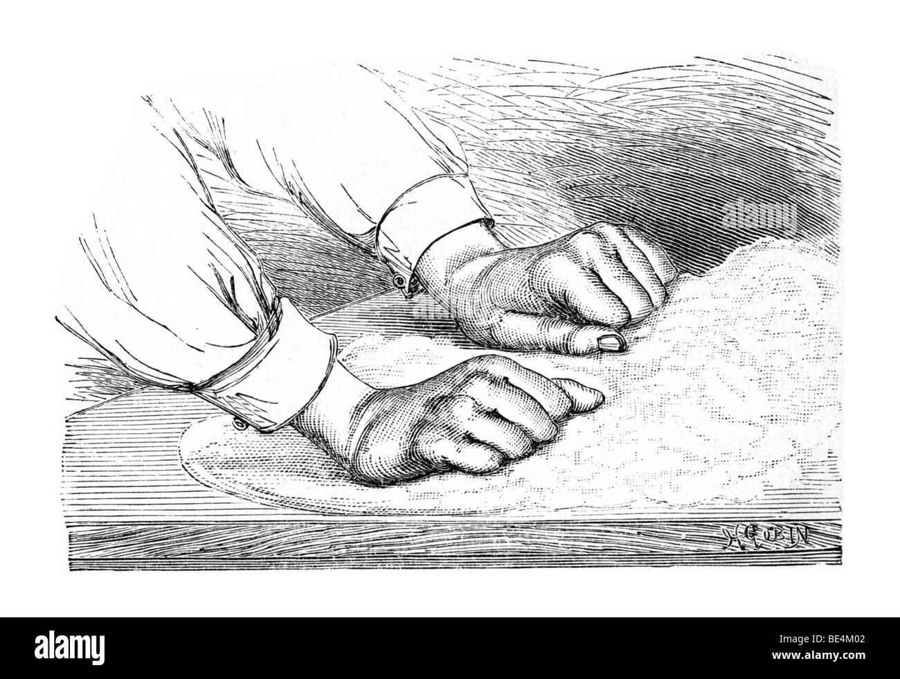 Kneading dough, historical illustration from: Marie Adenfeller, Friedrich Werner: Illustriertes Koch- und Haushaltungsbuch, Ill Stock Photo