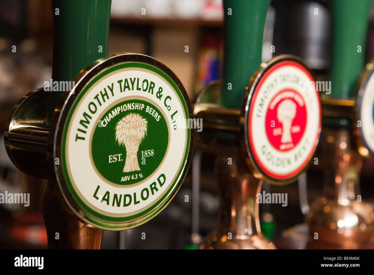 UK, England, Yorkshire, Haworth, Timothy Taylors Landlord beer hand pump clip Stock Photo