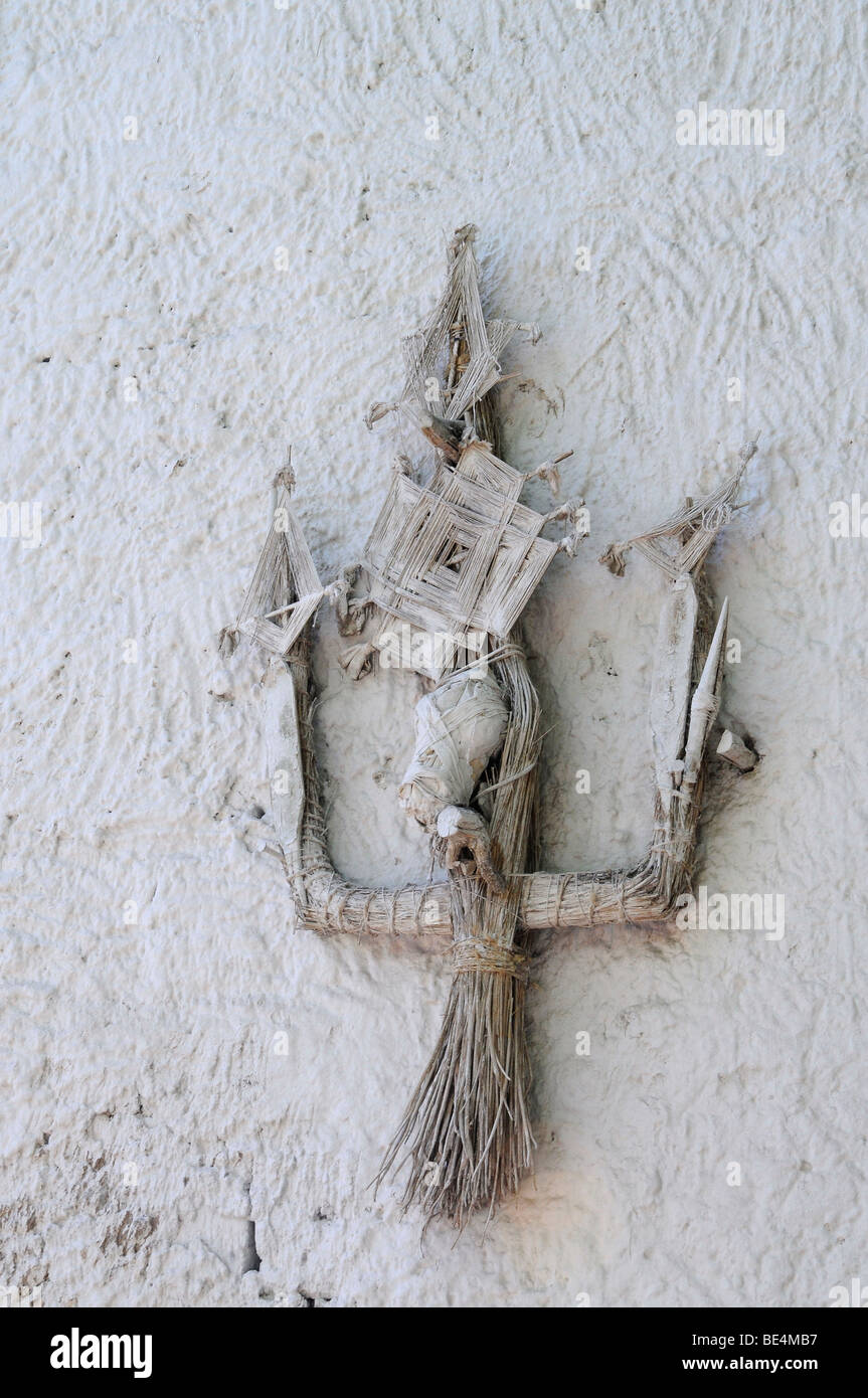 Animistic signs on a house wall to banish evil spirits, in Stok, Ladakh, India, Himalayas, Asia Stock Photo