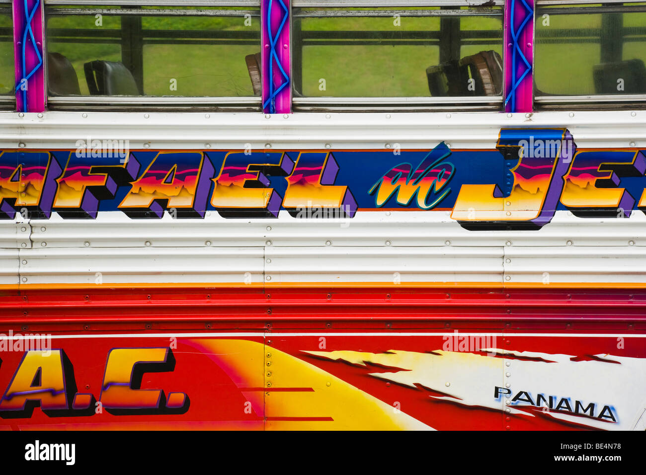 Panama City public transportation bus, Close up, Panama, Central America Stock Photo