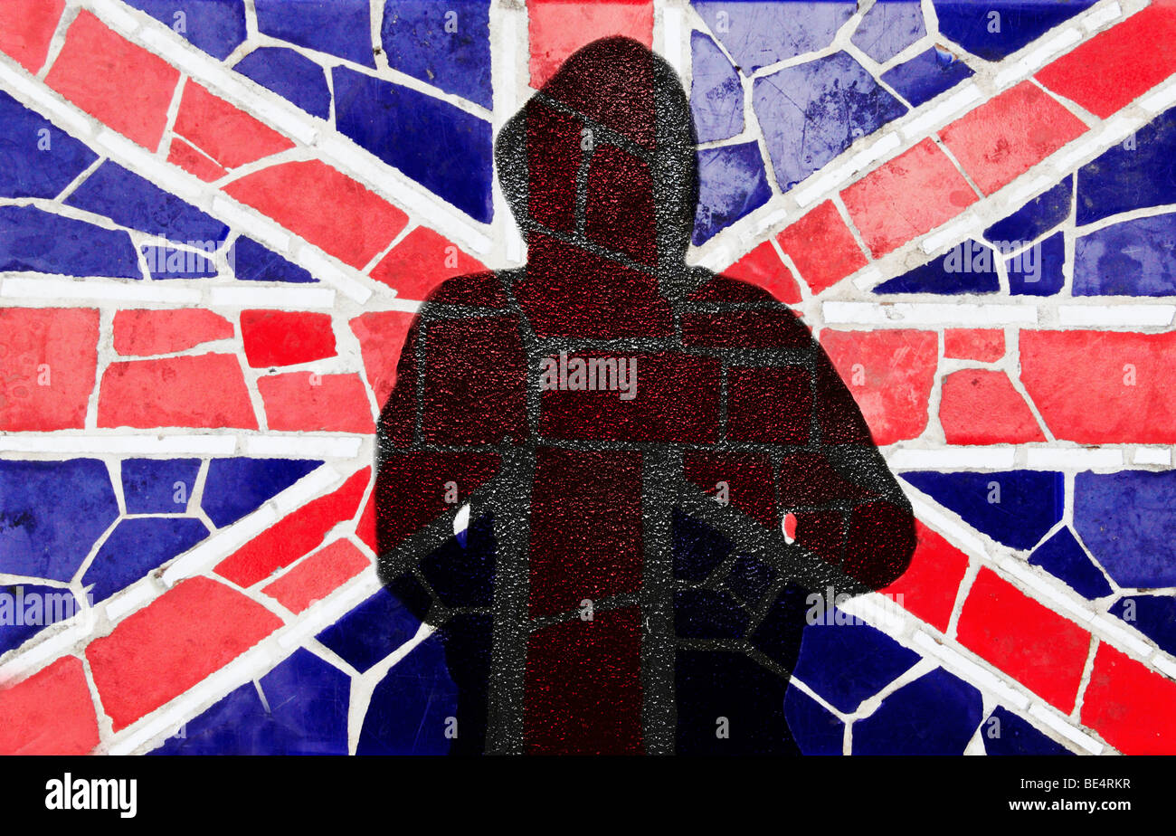 Hoodie against mosaic union jack flag. Could be used to depict broken Britain, crime, Brexit... Stock Photo