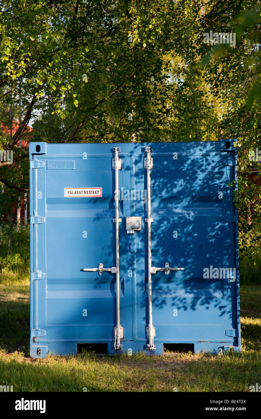 Blue metallic intermodal container , Finland Stock Photo