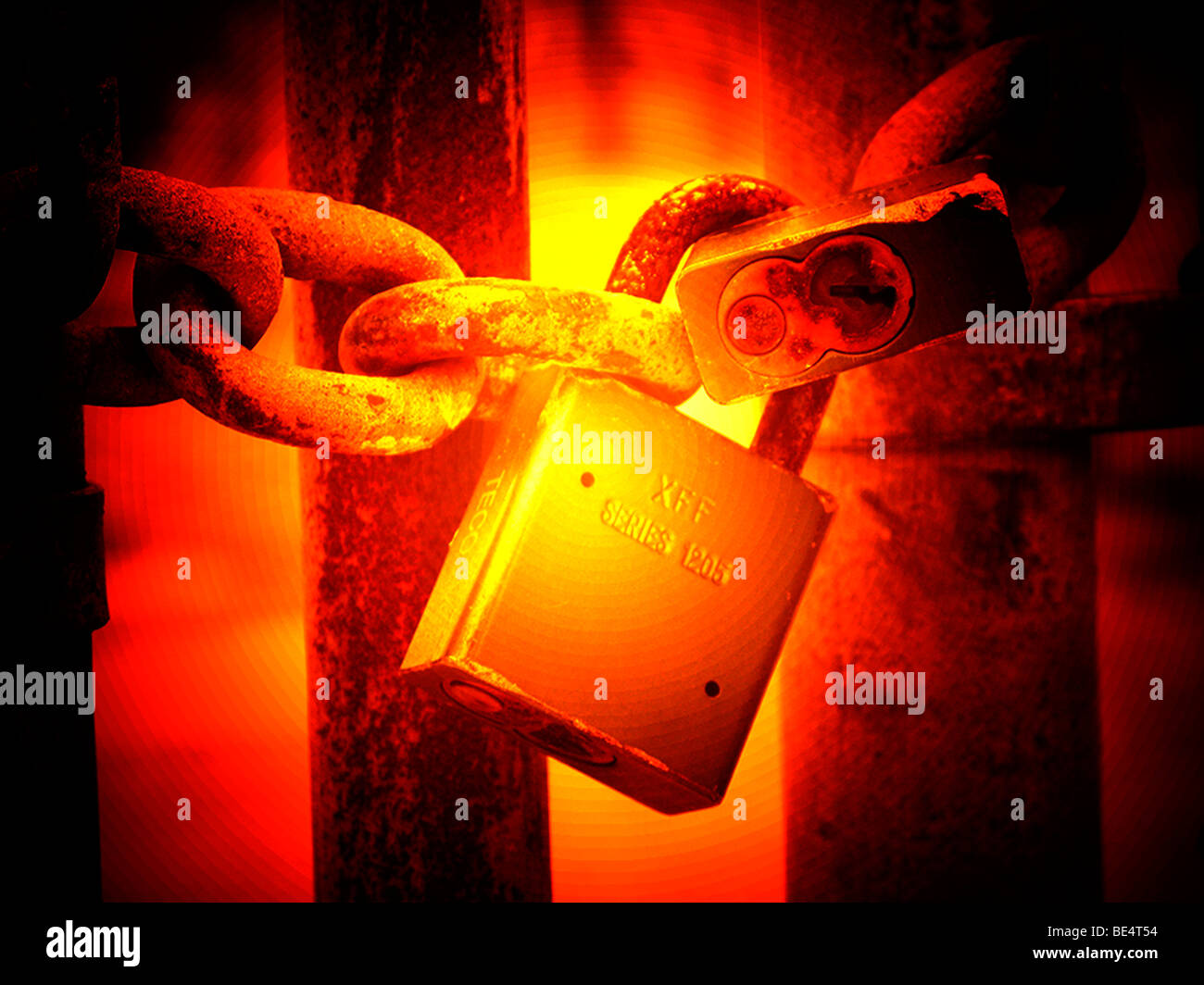 closeup view of padlock and chain link fence digitally altered Stock ...