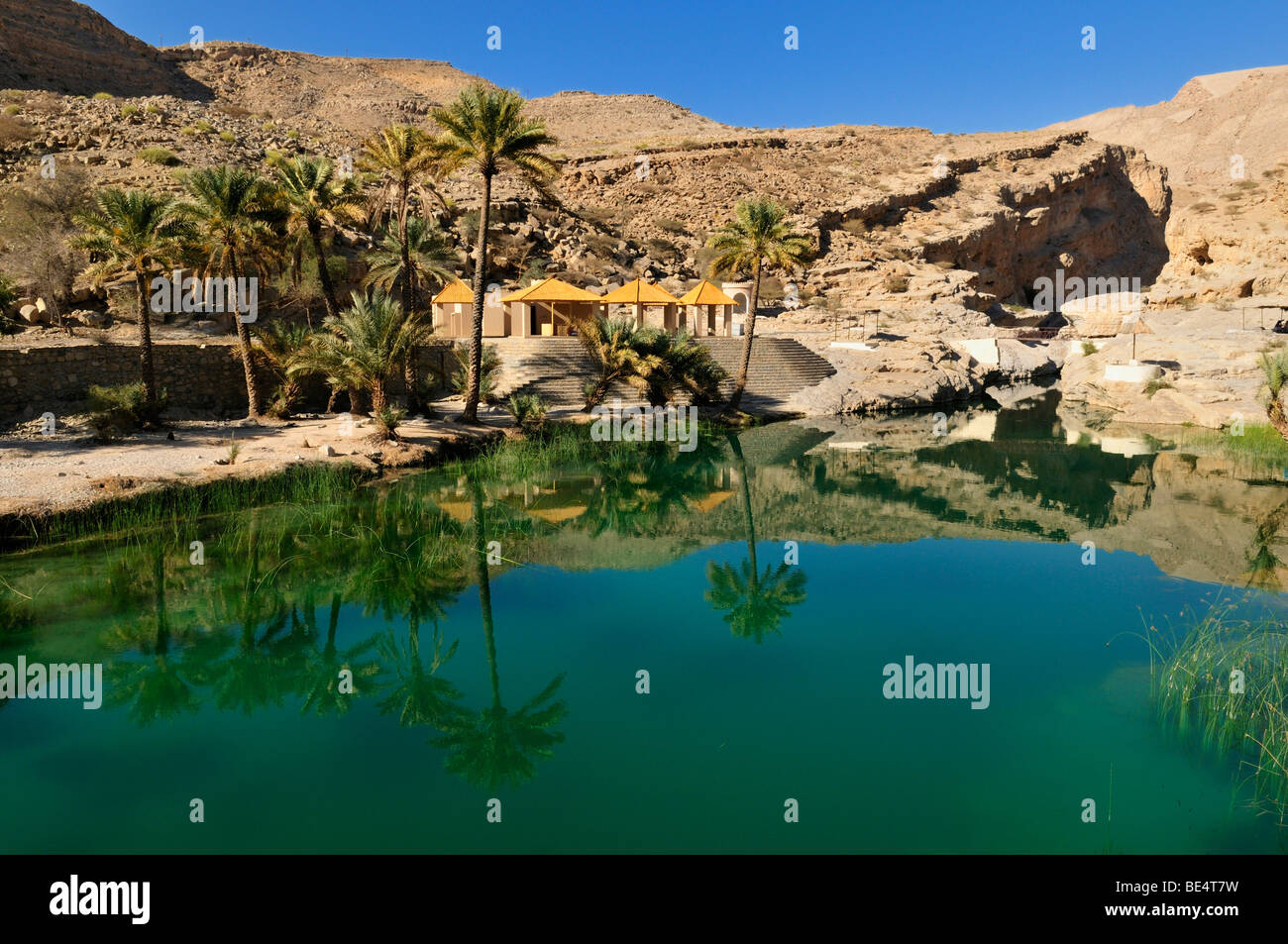 Water pool in a rocky canyon, Wadi Bani Khalid, Sharqiya Region, Sultanate of Oman, Arabia, Middle East Stock Photo