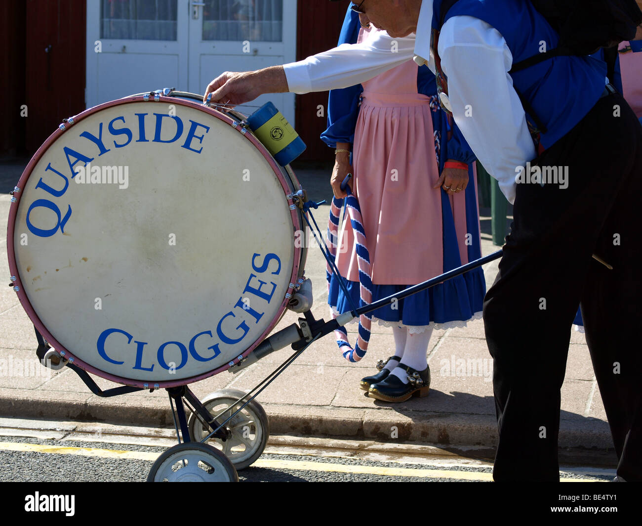 Folk festival dancers,big drum,at Swanage,Dorset. Stock Photo