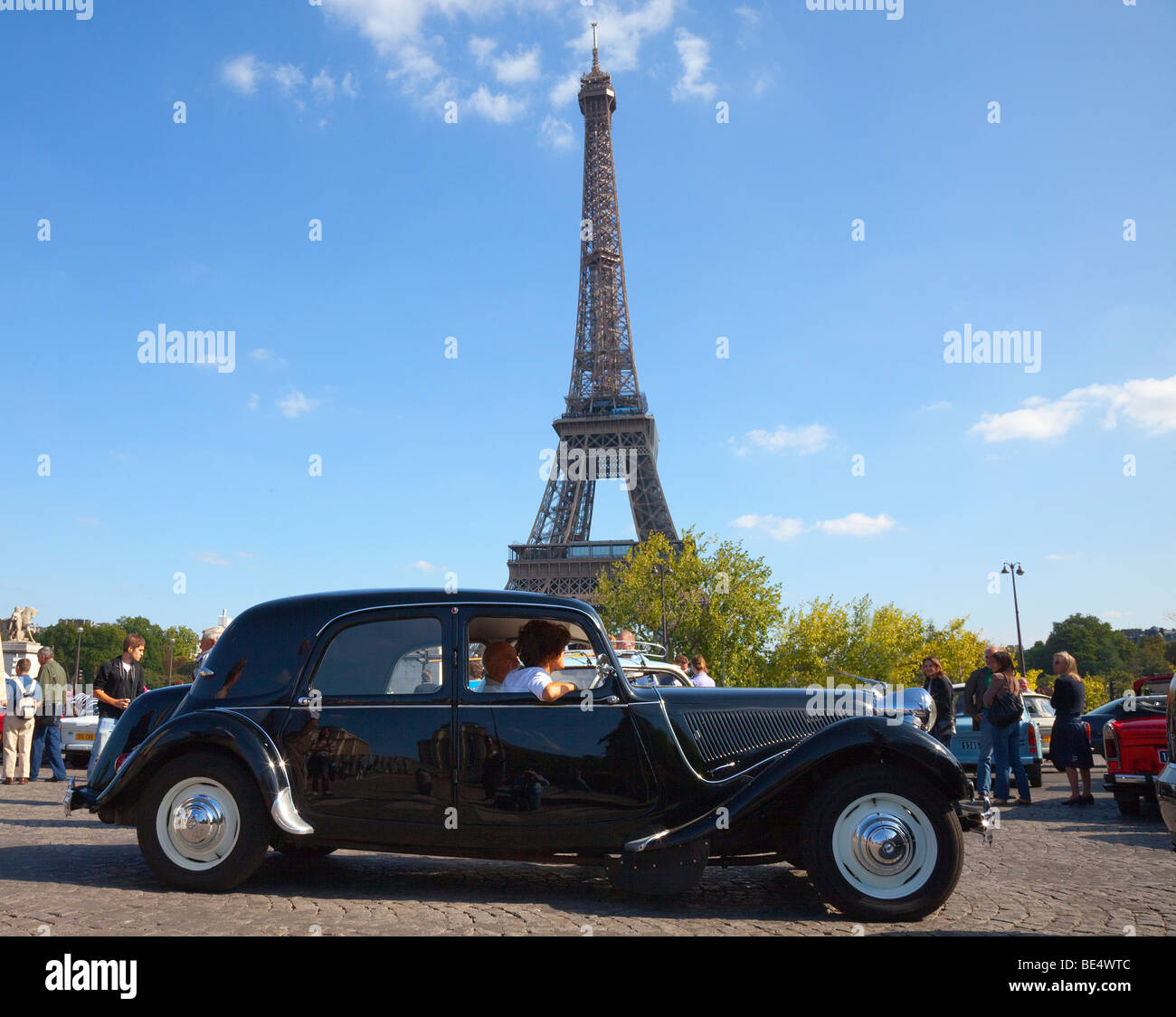 Light-15 Citroen as driven by 'Maigret' the French Detective, at the Eiffel Tower in Paris France Stock Photo