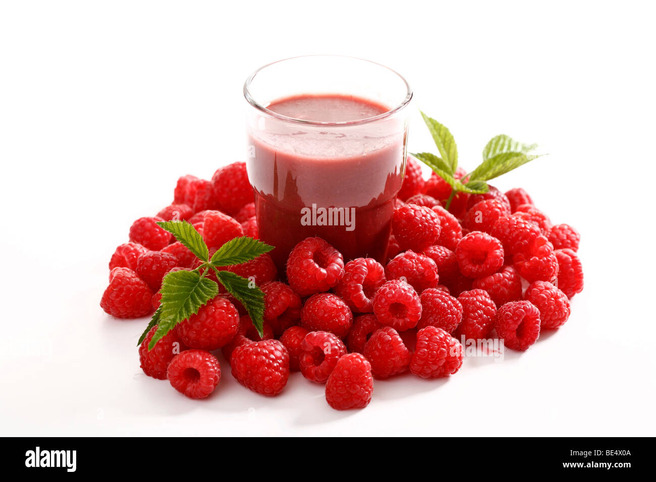 Glass of raspberry smoothie with fresh raspberries and raspberry leaves Stock Photo