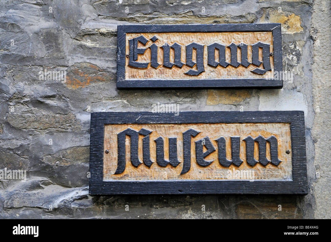 Sign with German inscription Eingang Museum, entrance, museum, Wewelsburg, triangular castle, former Nazi cult and terror cente Stock Photo