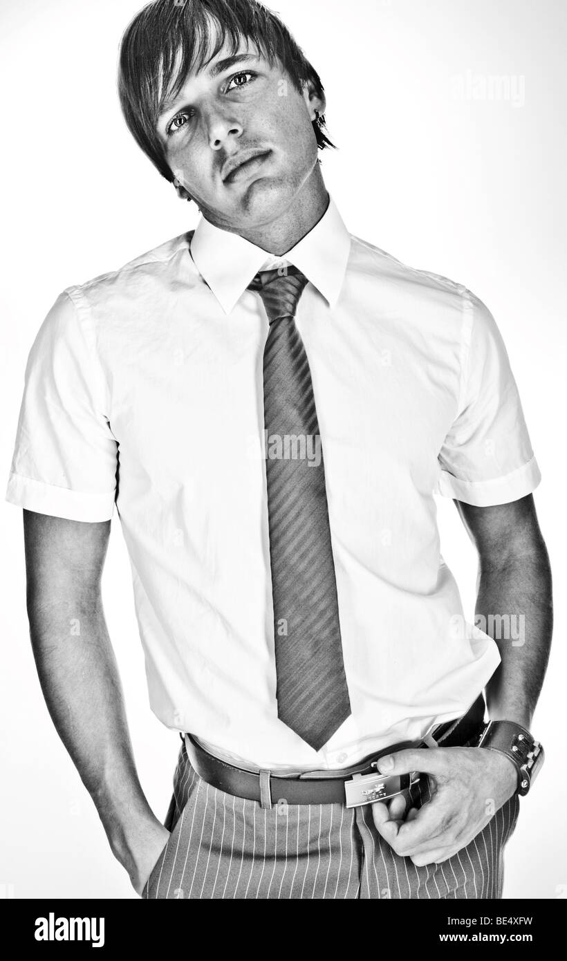 Young man, business-look, black and white Stock Photo