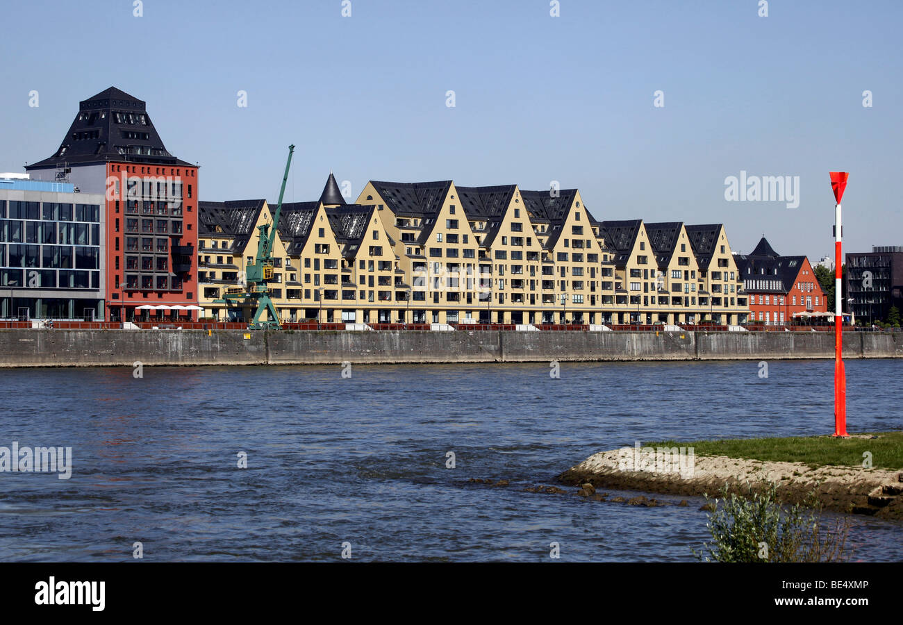 Siebengebirge and Silo 23, storehouses converted into homes and offices at the Rheinauhafen harbour, Cologne, Rhineland, North  Stock Photo