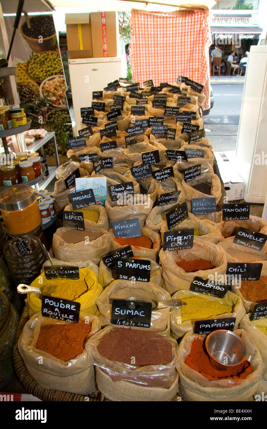 Spices being sold at an outdoor market in Sanary sur Mer, Southern France. Stock Photo
