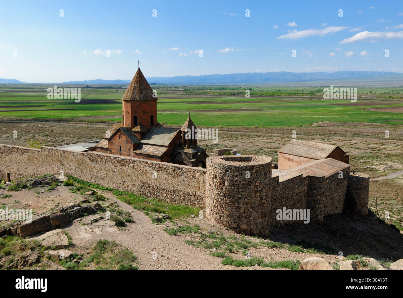 View over Khor Virap monastery and the Araratian Plain, Armenia, Asia Stock Photo