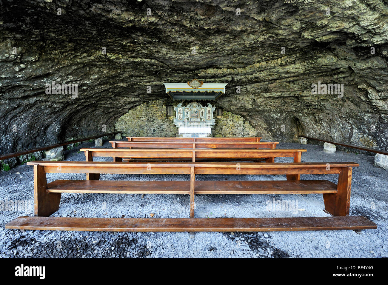 Cave shrine at the Wildkirchli caves below Ebenalp Mountain at 1400 meters, Canton of Appenzell Innerrhoden, Switzerland, Europe Stock Photo
