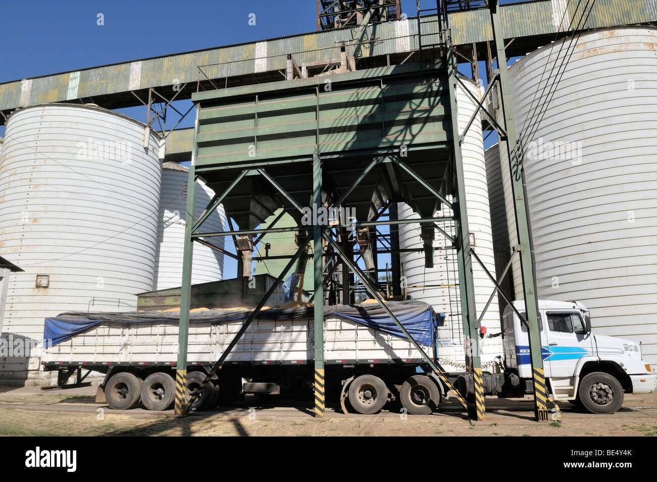 Loading a truck with soy or maize, Uberlandia, Minas Gerais, Brazil, South America Stock Photo