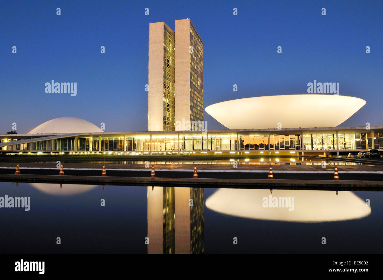 Congresso Nacional Congress building in the evening light, architect Oscar Niemeyer, Brasilia, Distrito Federal state, Brazil,  Stock Photo
