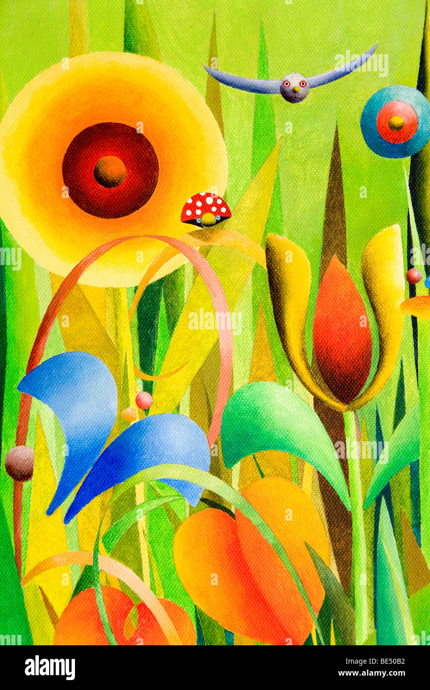 Fantasy garden with insect, acrylic picture, by the artist Gerhard Kraus, Kriftel, Germany Stock Photo