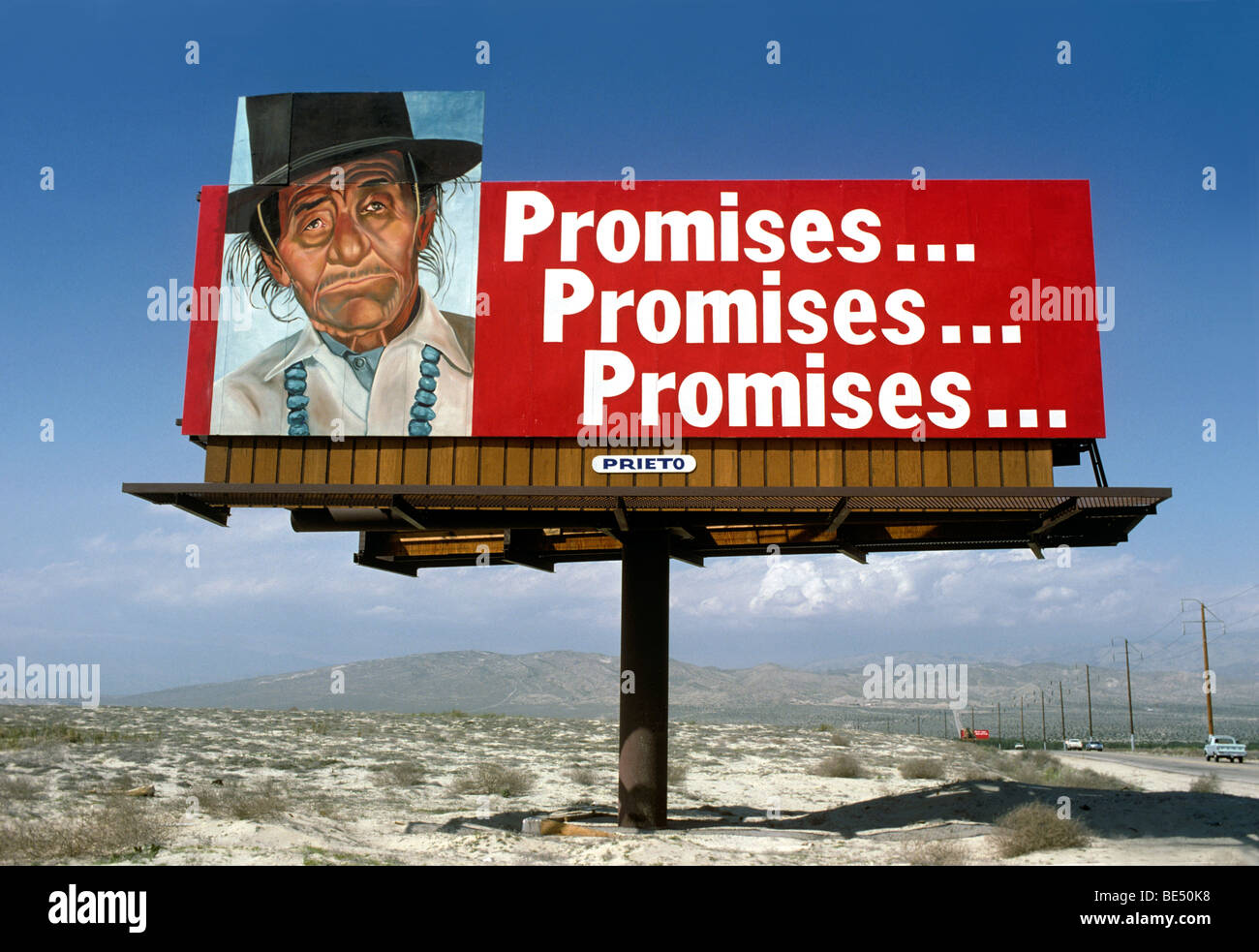 Political billboard protesting the treatment of Native Americans Stock Photo