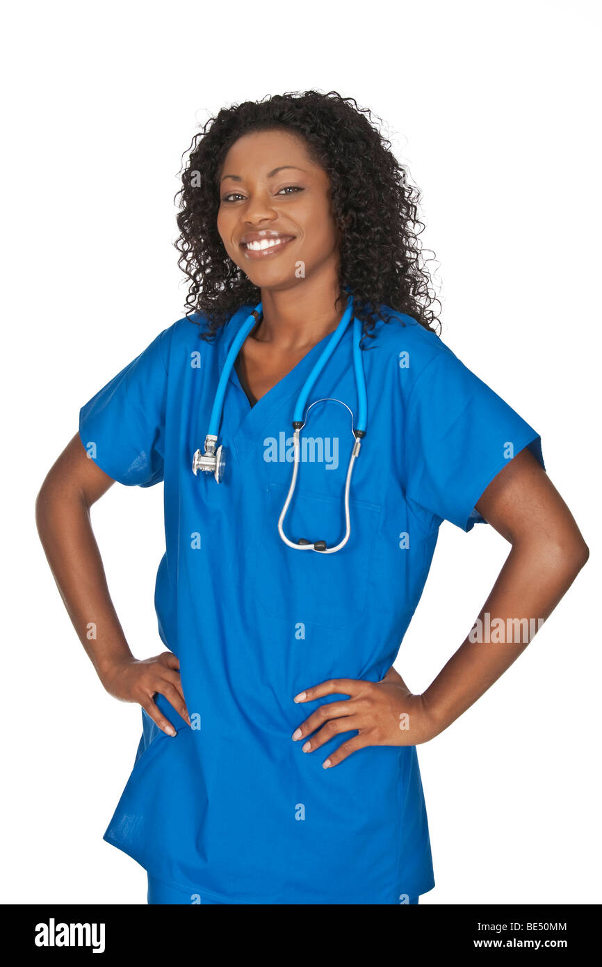 Beautiful African American doctor or nurse on a white background Stock Photo