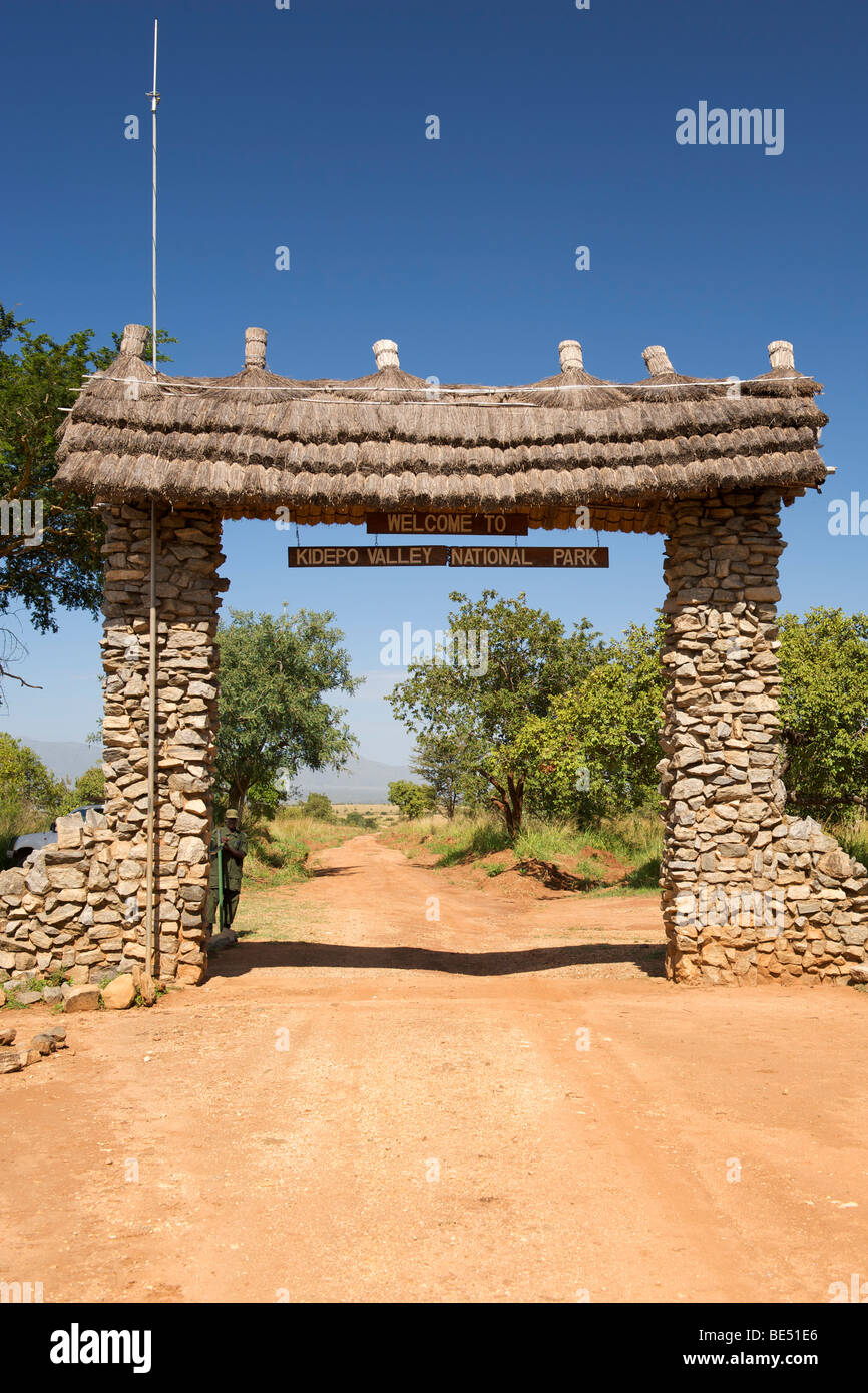 Entrance gate to Kidepo Valley National Park in northern Uganda. Stock Photo