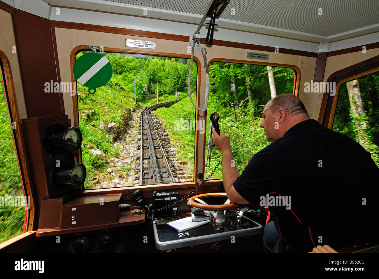 In the cab of the cog railway, with 48 percent incline the steepest cog railway in the world, Mount Pilatus, popular tourist's  Stock Photo
