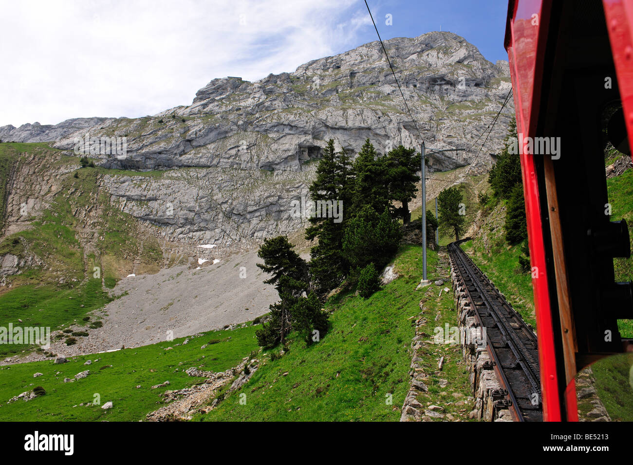 With 48 percent incline the steepest cog railway in the world, railway on Mount Pilatus near Lucerne, Switzerland, Europe Stock Photo