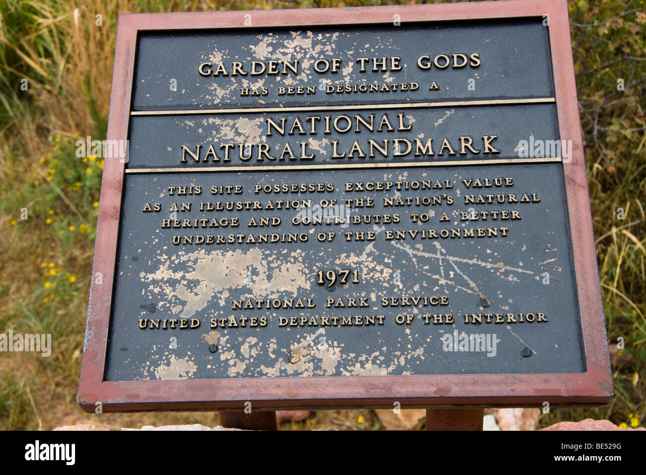 Garden of the Gods, National Natural Landmark sign, Colorado, USA Stock