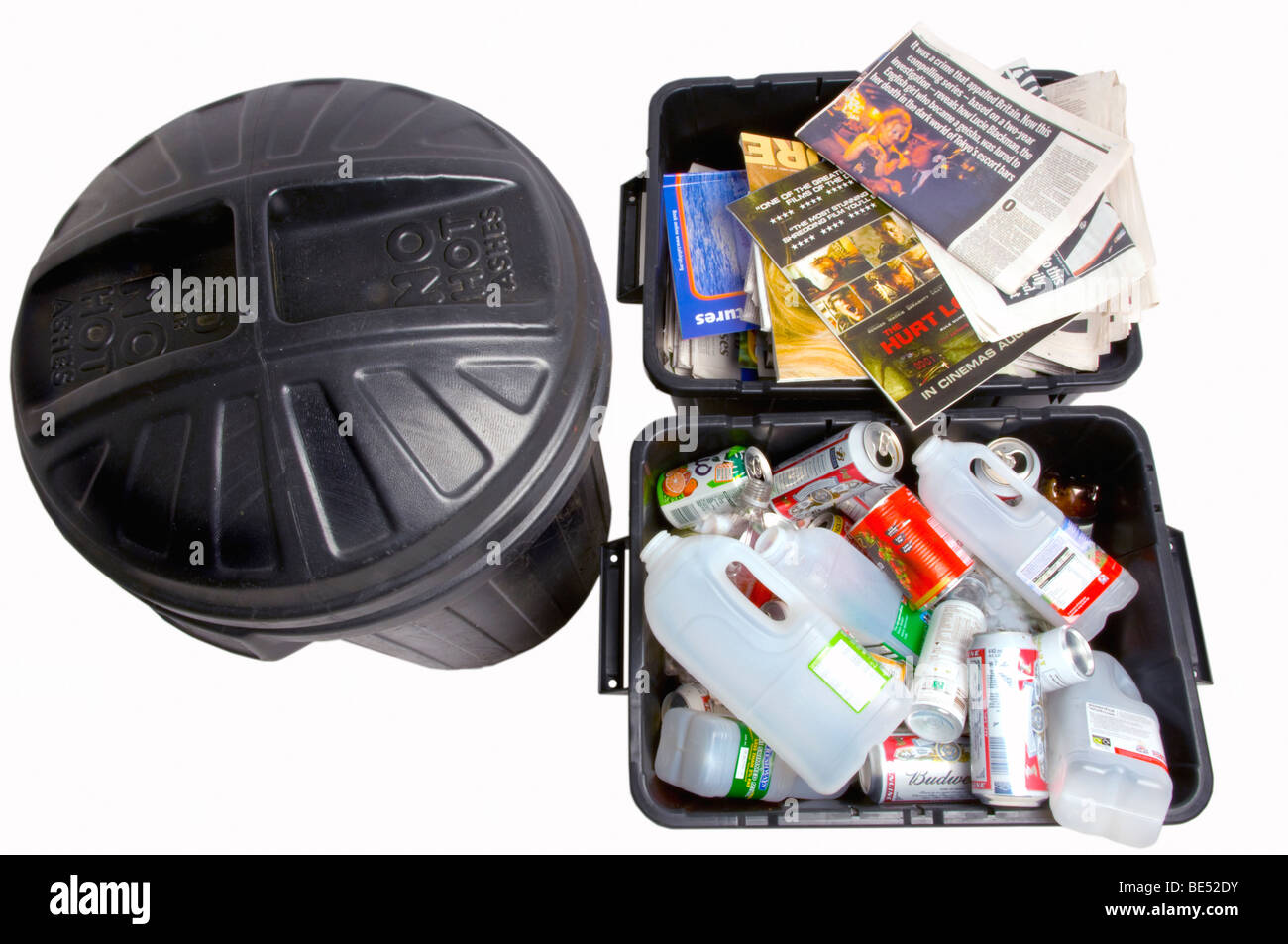 Domestic rubbish collection,  showing separated waste for re -cycling , Paper bin  Plastic Bin  and domestic household rubbish Stock Photo