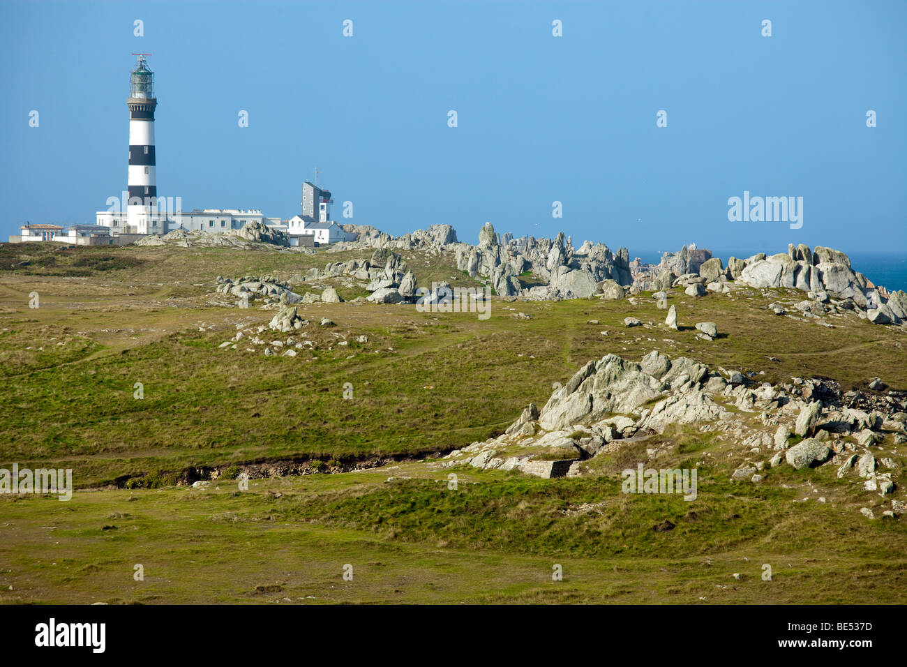 ouessant island landscape and creac'h lighthouse, finistere, britanny, france Stock Photo
