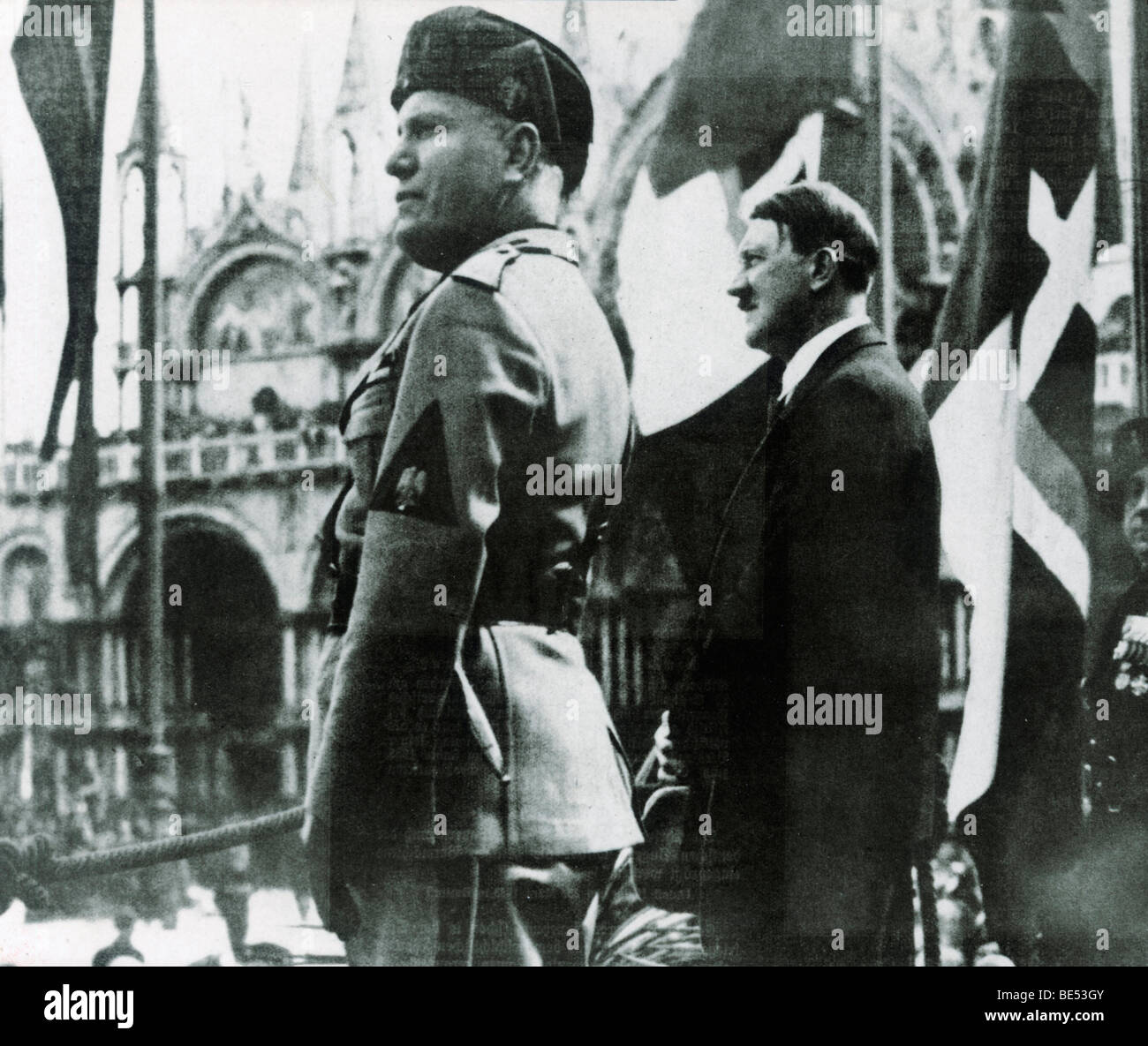 Benito Mussolini and Adolf Hitler during a parade at the Piazza San Marco, Venice, Italy, Europe, historical photo circa 1937 Stock Photo