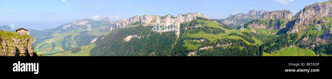Panoramic view from Ebenalp Mountain over the Alpstein Massif and the Hohen Kasten Mountains, Canton of Appenzell Innerrhoden,  Stock Photo
