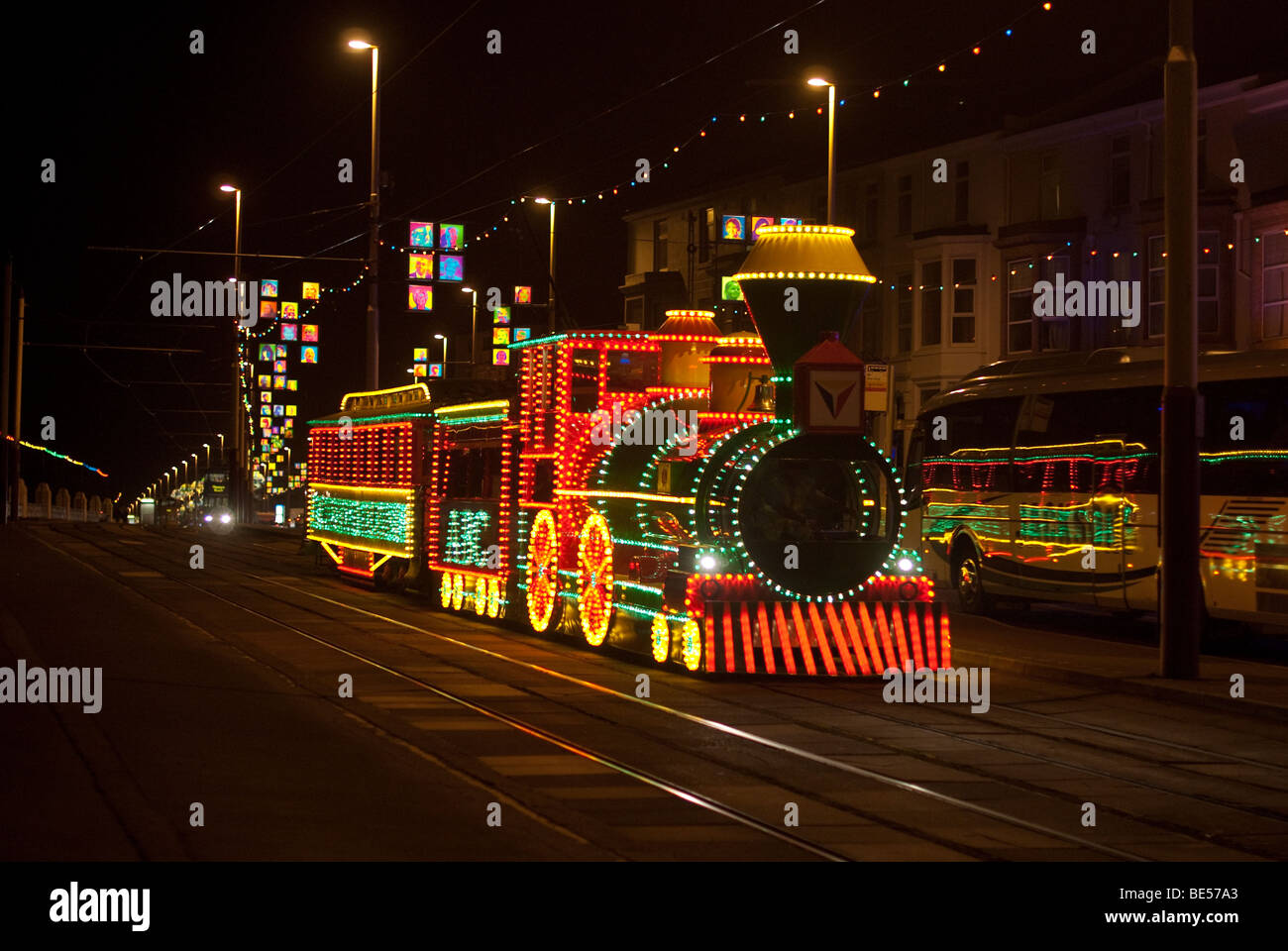 Blackpool, UK Tram decorated with lights running during the Blackpool