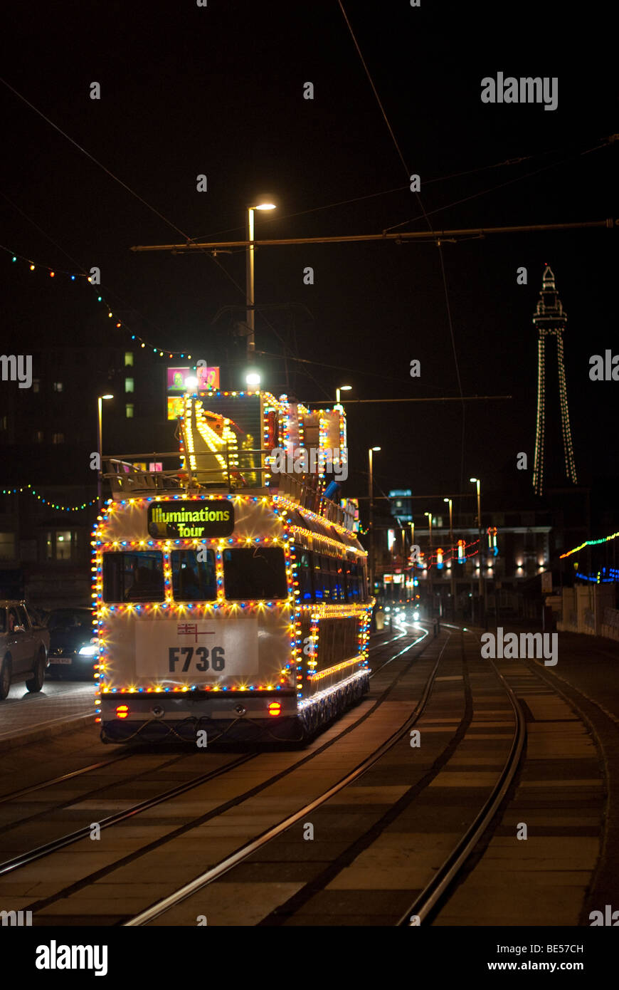 Blackpool, UK Decorated with light, a Tram running along the promenade
