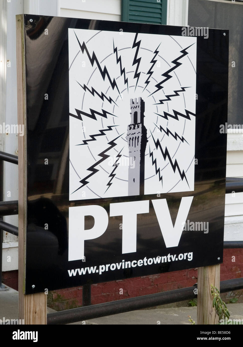 A sign advertising PTV (Provincetown TV) along Commercial Street in Provincetown, Barnstable County Cape Cod Massachusetts USA Stock Photo