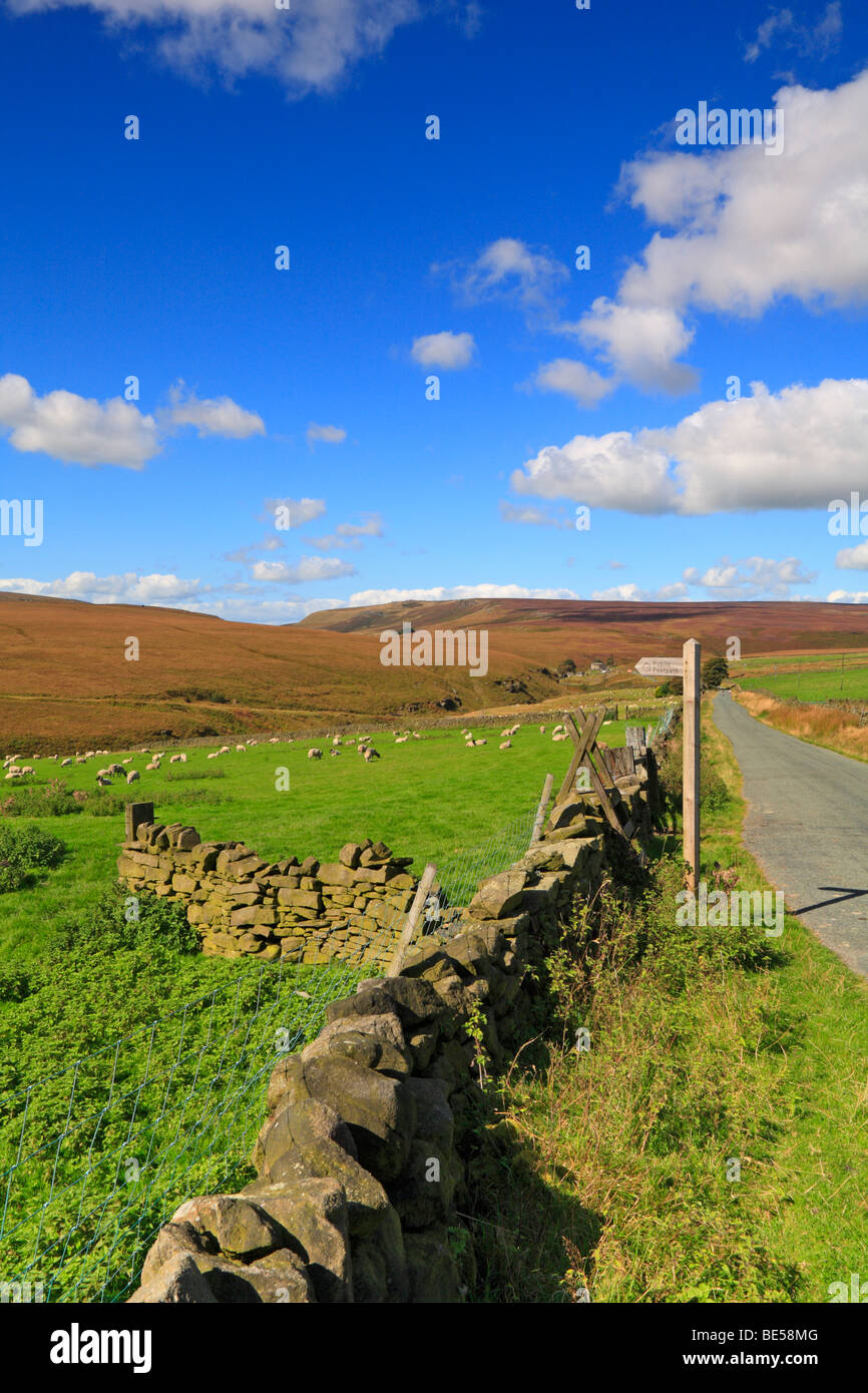 Footpath sign on the road to Widdop Moor, West Yorkshire, England, UK. Stock Photo