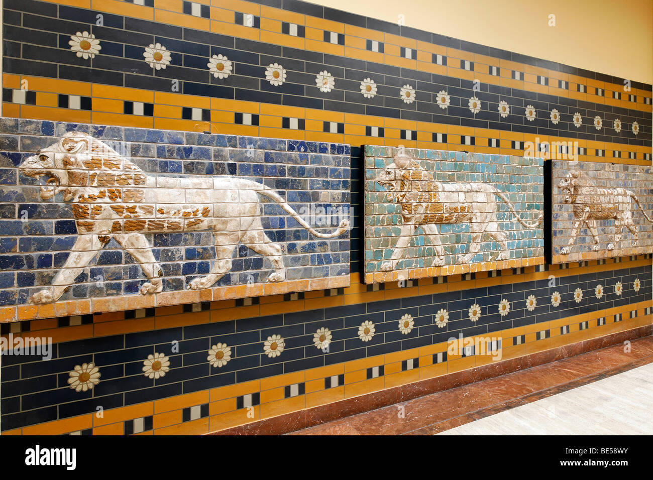 Three lions, brick relief from the Babylonian Ishtar Gate, Archeological Museum, Topkapi Palace, Istanbul, Turkey Stock Photo