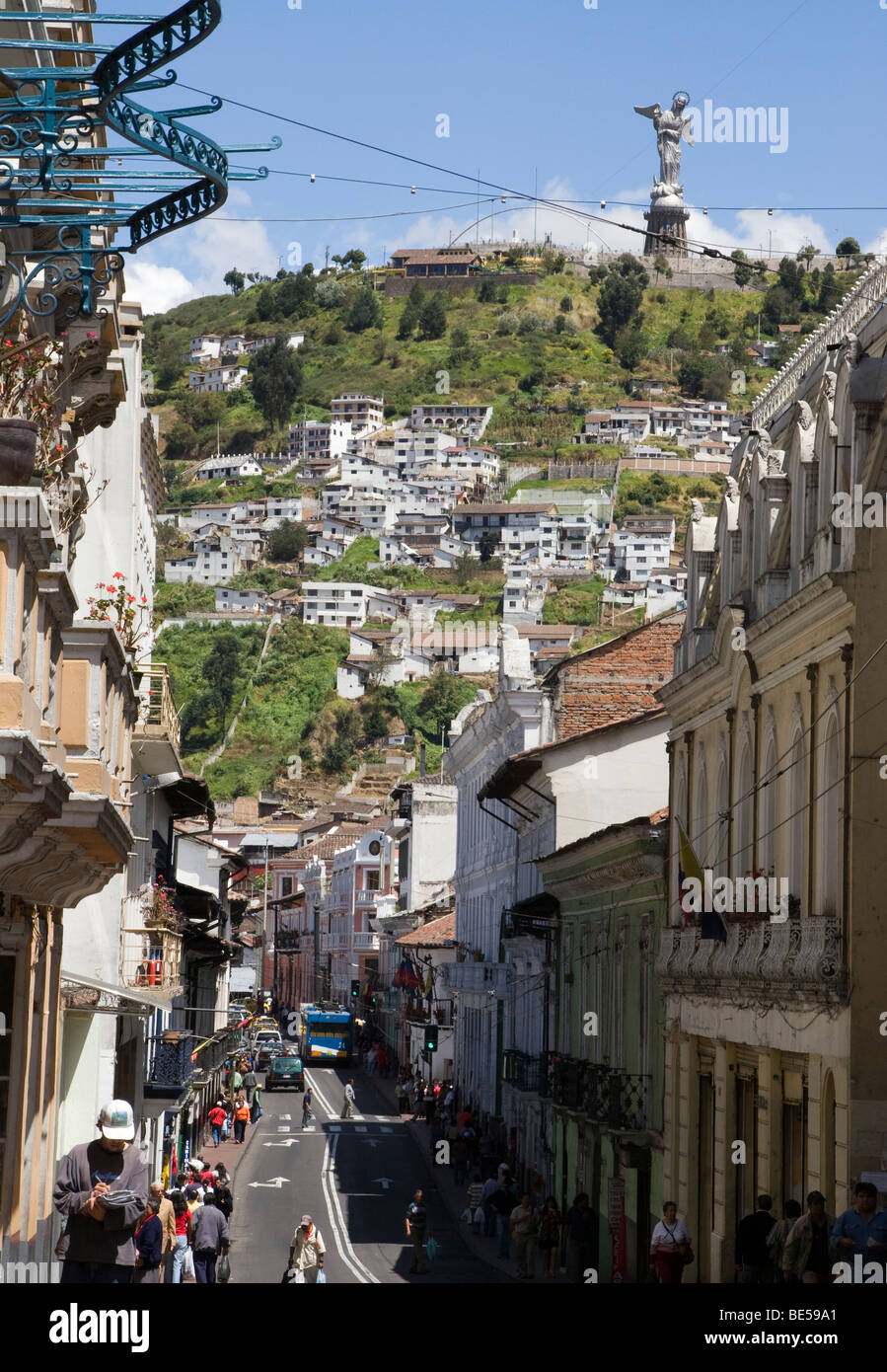 Ecuador. Quito. Historical Center. Street Guayaquil and The Panecillo with Virgin of Quito. Stock Photo