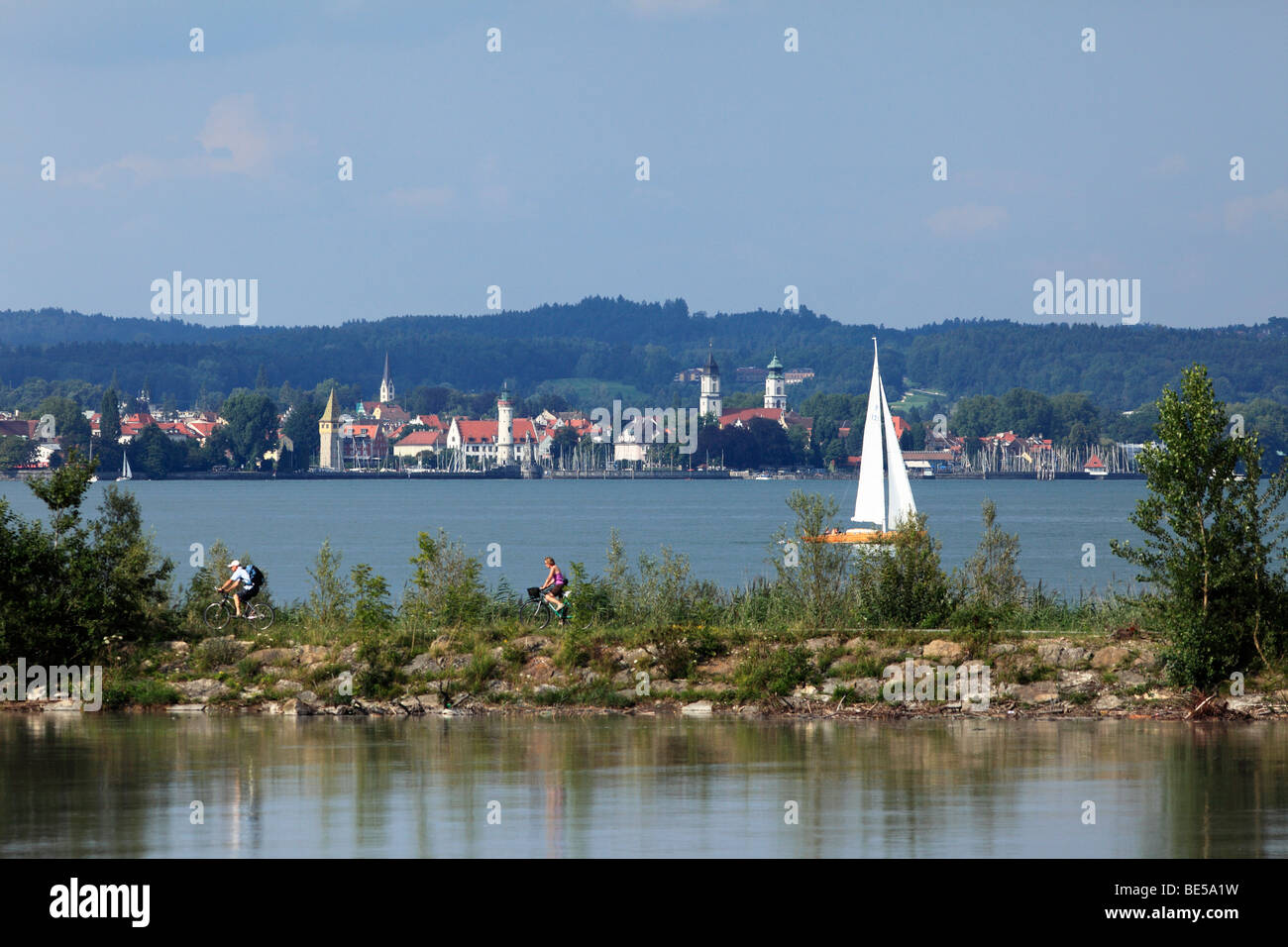 View from the Rhine estuary in Fussach across Lake Constance to Lindau in Bavaria, Germany, from Vorarlberg, Austria, Europe Stock Photo