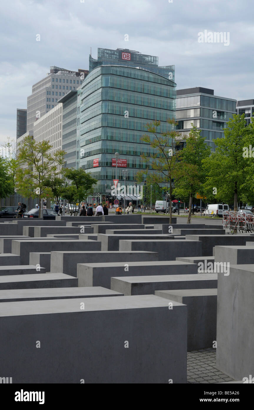 Holocaust memorial, skyscrapers Potsdamer Platz square, Berlin, Germany, Europe Stock Photo