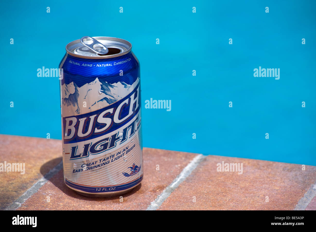 CAN OF AMERICAN BEER BESIDE A POOL Stock Photo