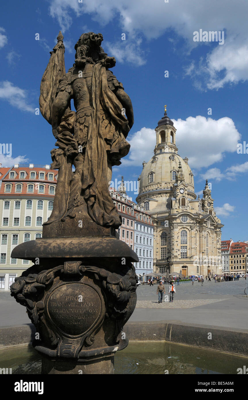 Frauenkirche Church of Our Lady, Tuerkenbrunnen Turkish Fountain, Neumarkt square, Dresden, Saxony, Germany, Europe Stock Photo