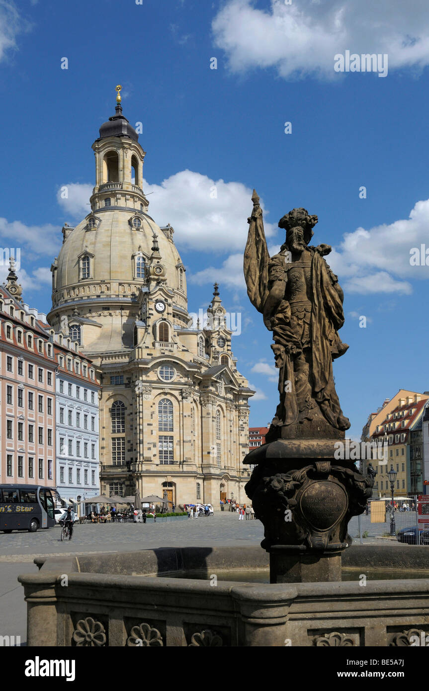 Frauenkirche Church of Our Lady, Tuerkenbrunnen Turkish Fountain, Neumarkt square, Dresden, Saxony, Germany, Europe Stock Photo