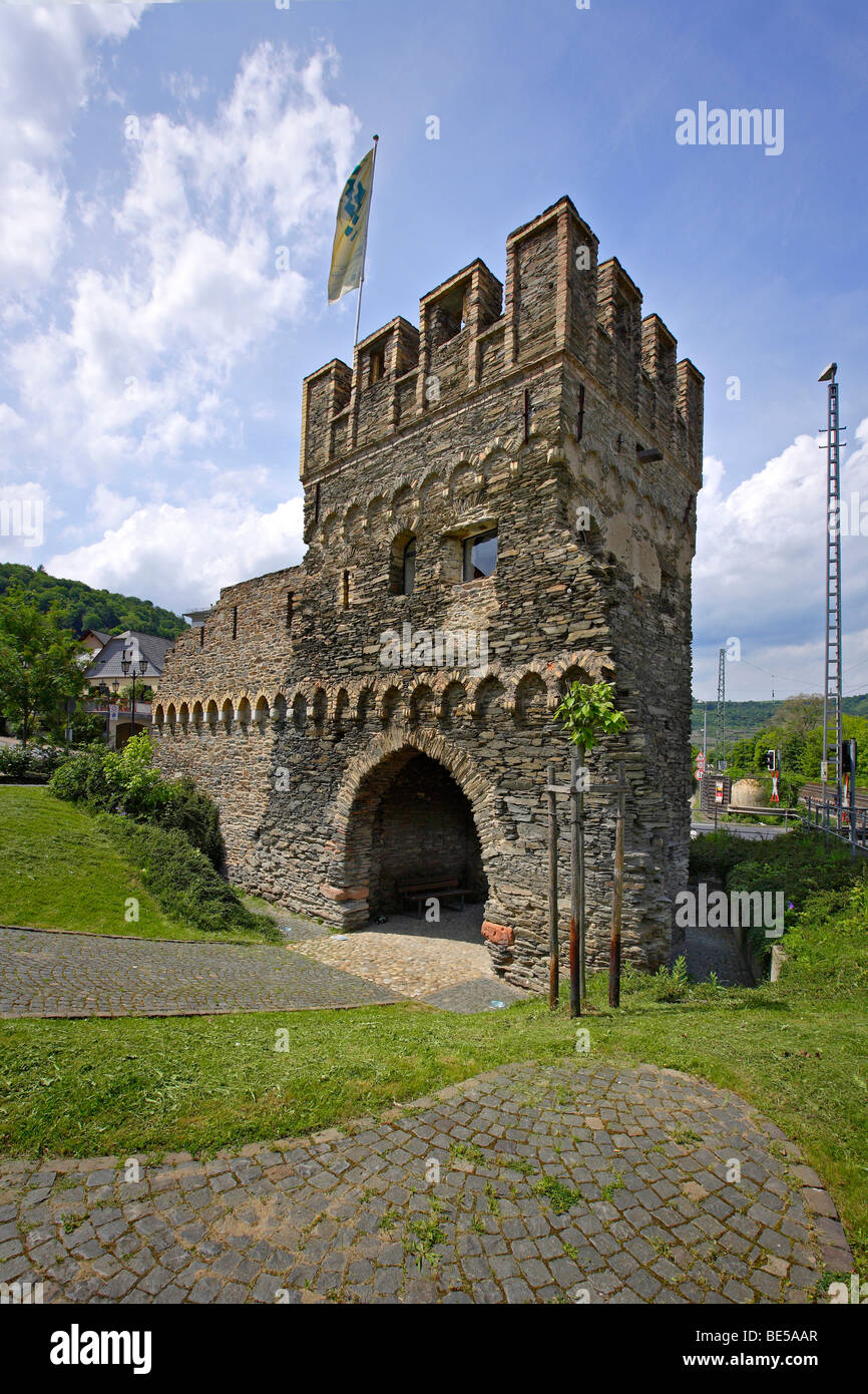 City tower and town wall in Oberwesel, Rhineland-Palatinate, Germany, Europe Stock Photo