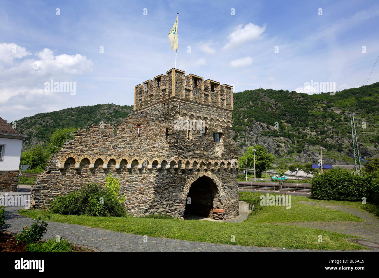City tower and town wall in Oberwesel, Rhineland-Palatinate, Germany, Europe Stock Photo