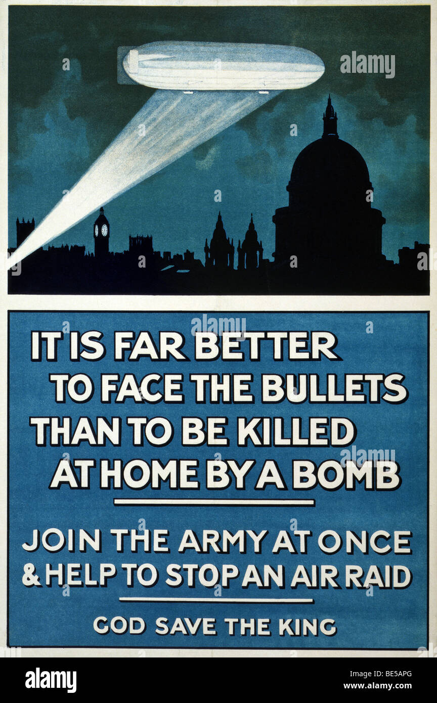 World War One British recruiting and propaganda poster urging men to join the army and help stop German air raids. Stock Photo