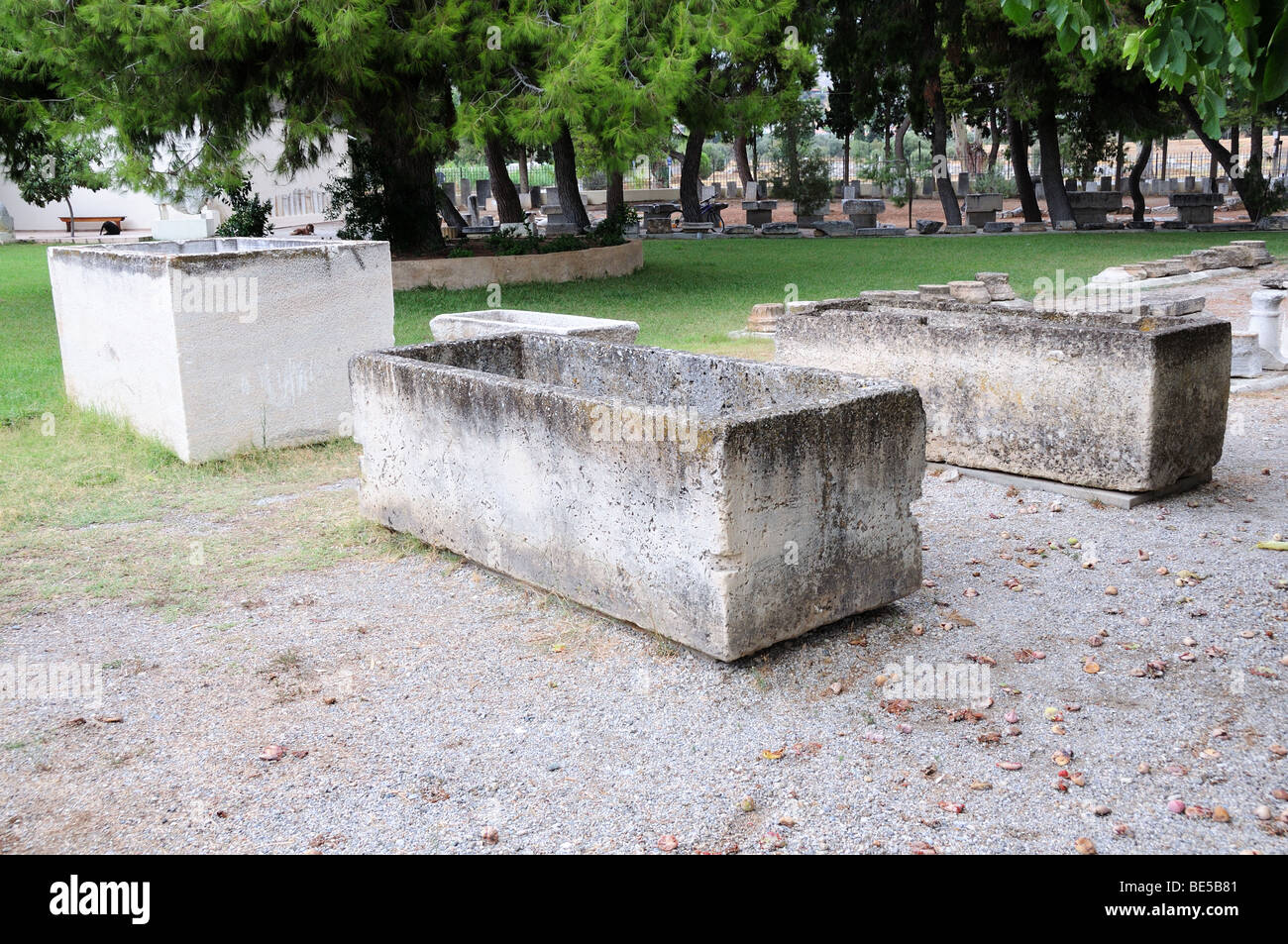 Stone coffins dug out of slabs of stone Eretria Museum Evia Greece Stock Photo