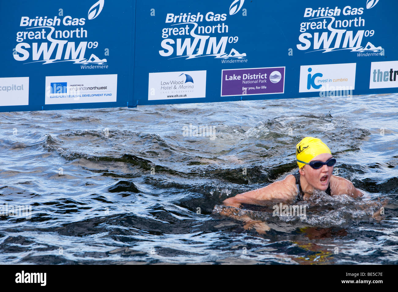 Competitors finnish the Great North Swim, a 1 mile charity swim on Lake