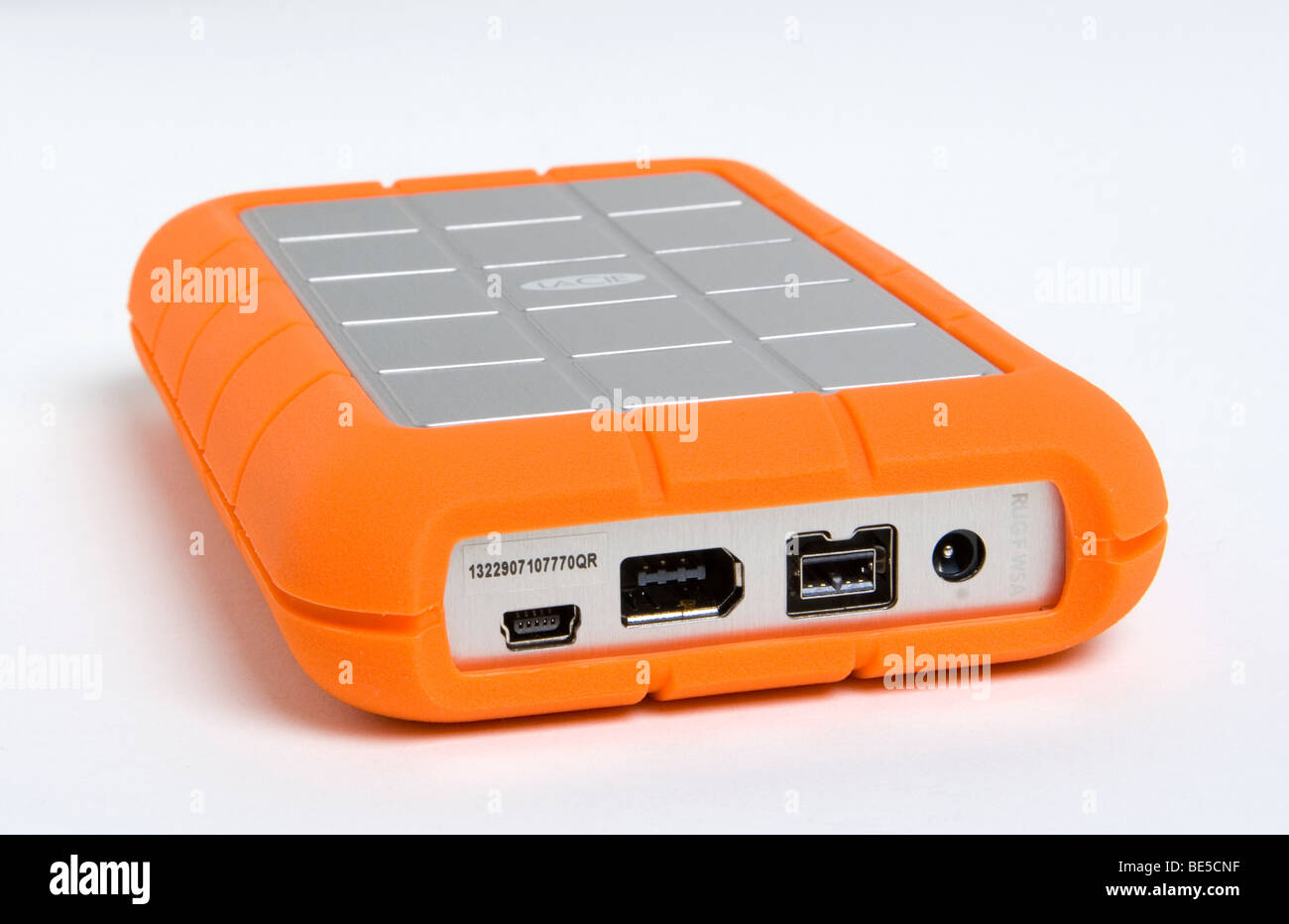 Lacie Rugged 1TB external hard drive showing FireWire 400, FireWire 800 and USB 2.0 ports Stock Photo