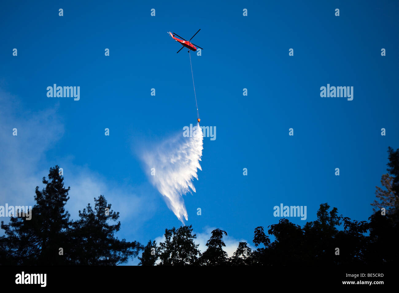 Helicopter air tanker dropping retardant at California  Lockheed wildfire in Santa Cruz Mountains Stock Photo