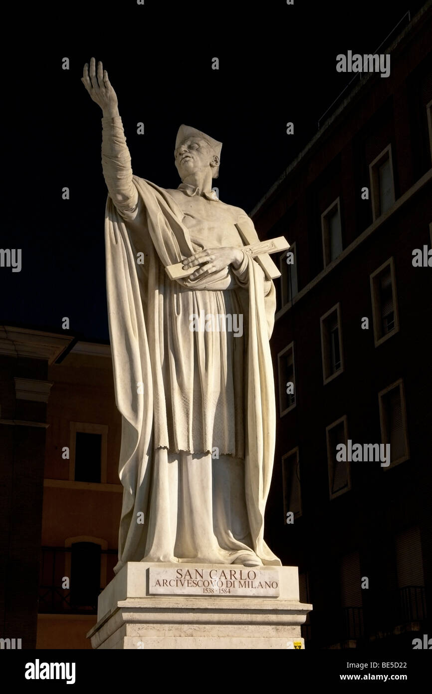 Rome, Italy. Night view of the statue of Saint Charles Borromeo (San ...