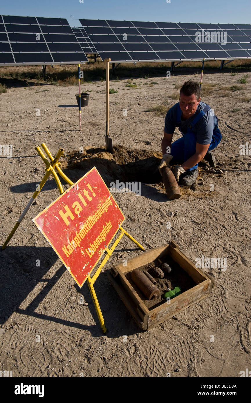 Demonstration of an ammunition clearing at the site of Germany's largest solar park in Lieberose, Spreewald, Brandenburg, Germa Stock Photo